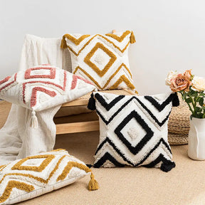 Embroidered Geometric Tassel Cushion Floral Cover