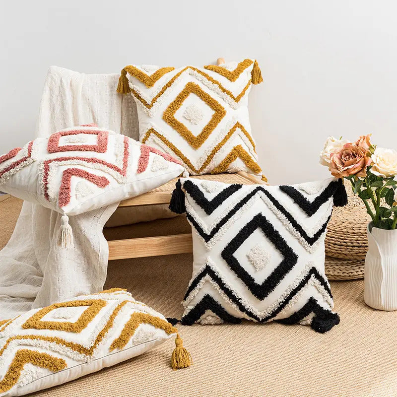 Embroidered Geometric Tassel Cushion Floral Cover