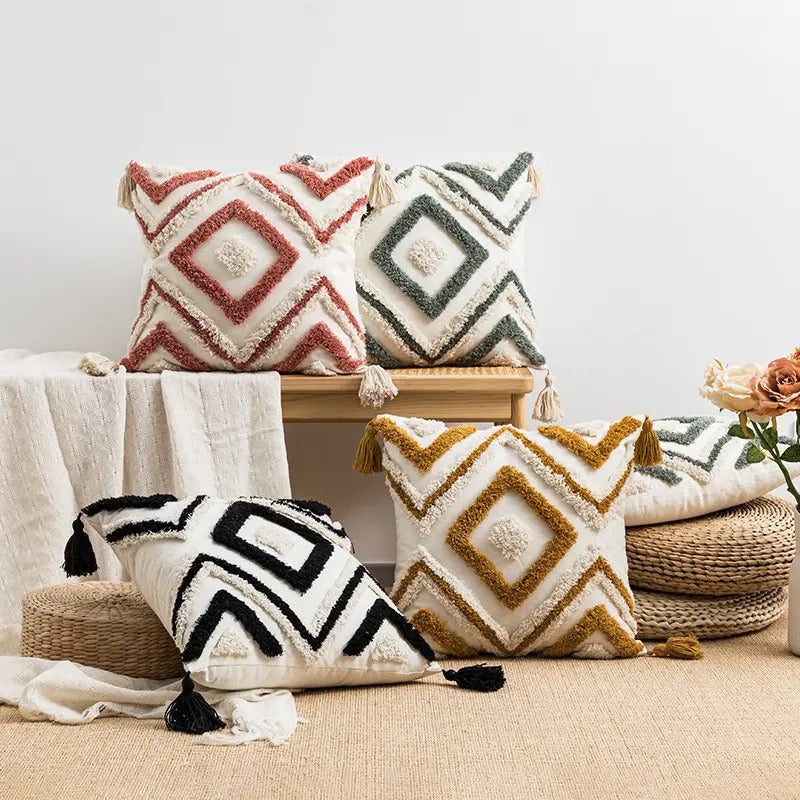 Embroidered Geometric Tassel Cushion Floral Cover