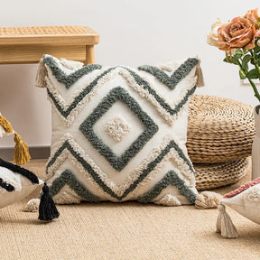 Embroidered Geometric Tassel Cushion Floral Cover